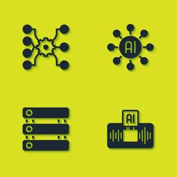 Set Neural network, Artificial intelligence AI, Server, Data and  icon. Vecto Stock Illustration