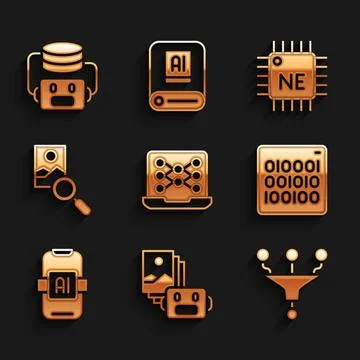 Set Neural network, Artificial intelligence robot, Funnel filter, Binary co.. Stock Illustration