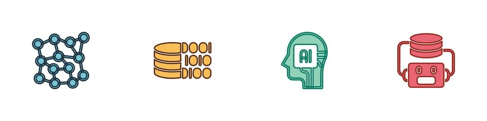Set Neural network, Binary code, Humanoid robot and Artificial intelligence.. Stock Illustration