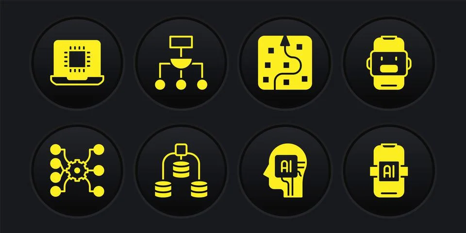 Set Neural network, Chat bot, Server, Data, Humanoid robot, Algorithm 스톡 일러스트