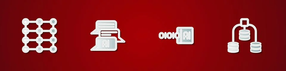 Set Neural network, Chat bot, Binary code and Server, Data icon. Vector Stockillustratie