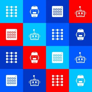 Set Neural network, Chat bot, Binary code and Artificial intelligence robot icon Stock Illustration