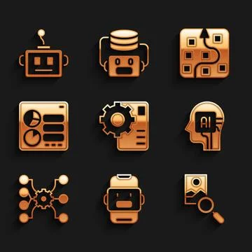 Set Neural network, Chat bot, Photo retouching, Humanoid robot, Computer ap.. Stockillustratie