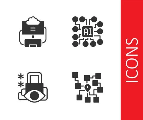 Set Neural network, Cloud database, Cyber security and icon. Vector 스톡 일러스트