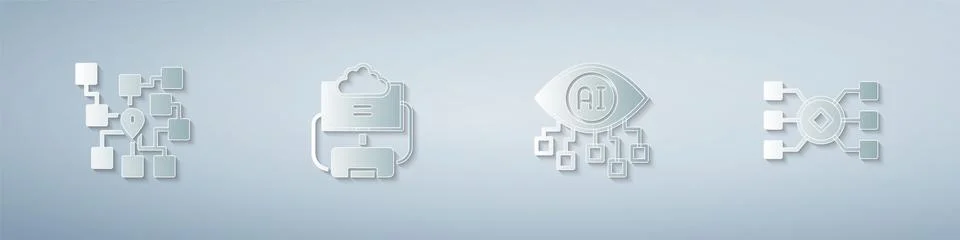 Set Neural network, Cloud database, Computer vision and . Paper art style. Ve Stock Illustration