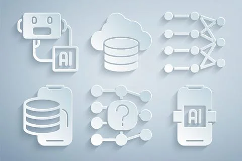 Set Neural network, Cloud technology data transfer, Artificial intelligence AI イラスト素材