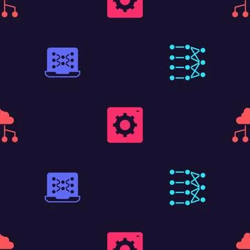 Set Neural network, Computer api interface and Network cloud connection on .. Illustrazione stock