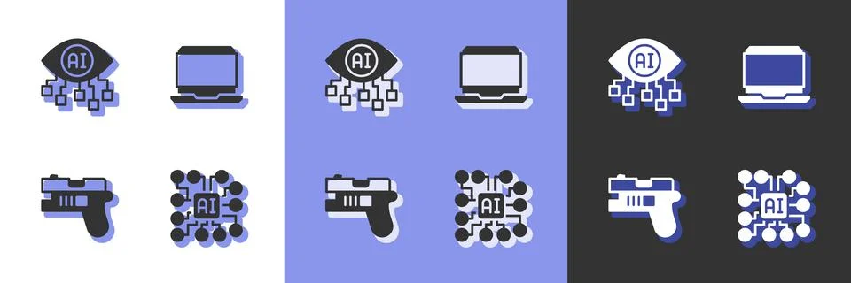 Set Neural network, Computer vision, Futuristic weapon and Laptop icon. Vector Stock Illustration