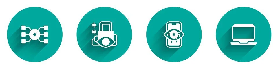 Set Neural network, Cyber security, Computer vision and Laptop icon with long Stock Illustration