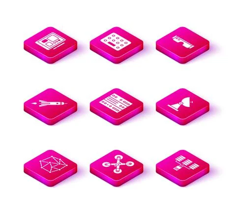 Set Neural network, Drone flying, Rocket ship with fire, Server, Data, Web Stock Illustration