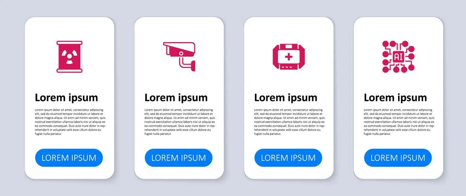 Set Neural network, First aid kit, Security camera and Radioactive waste in Stock Illustration