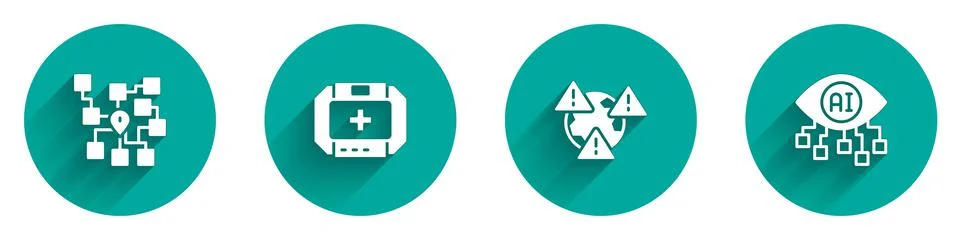 Set Neural network, First aid kit, Earth with exclamation mark and Computer Stock Illustration