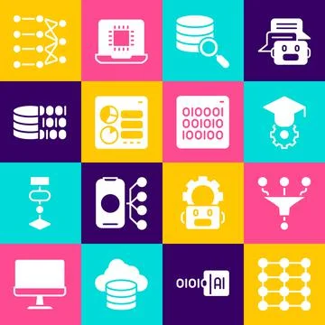Set Neural network, Funnel filter, Graduation cap, Server, Computer api Illustration