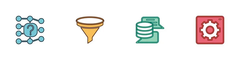 Set Neural network, Funnel filter, Server, Data and Computer api interface .. Illustrazione stock