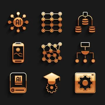 Set Neural network, Graduation cap, Computer api interface, Algorithm Stock Illustration