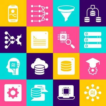 Set Neural network, Graduation cap, Server, Data, Funnel filter, Web developer 스톡 일러스트