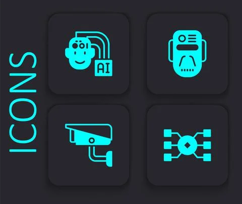 Set Neural network, Humanoid robot, Artificial intelligence and Security camera Stock Illustration