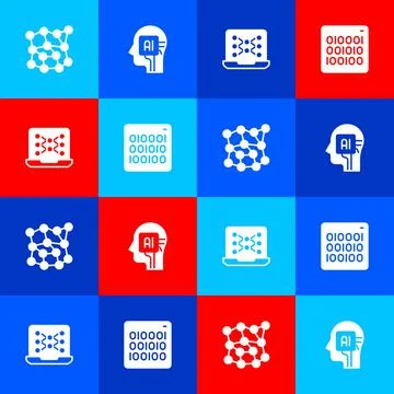 Set Neural network, Humanoid robot, and Binary code icon. Vector 库存插图
