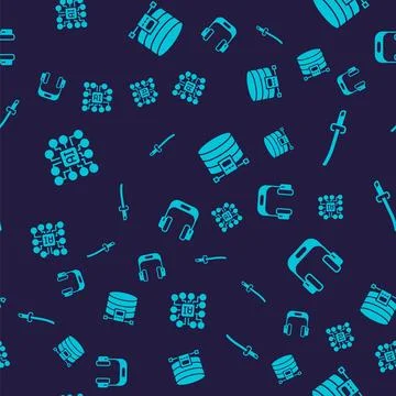 Set Neural network, Katana, Cloud database and Headphones on seamless pattern Stock Illustration