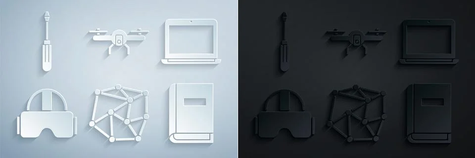 Set Neural network, Laptop, Virtual reality glasses, User manual, Drone flying Illustrazione stock