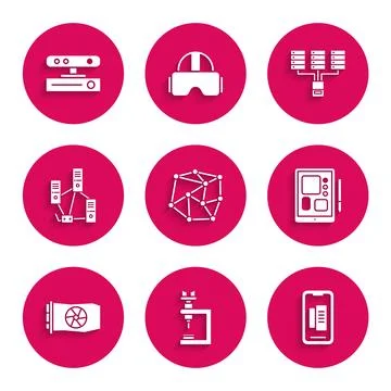 Set Neural network, Microscope, Smartphone, mobile phone, Graphic tablet, V.. Stock Illustration