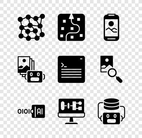 Set Neural network, Mobile phone, Binary code, Algorithm, Artificial Stock Illustration