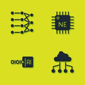 Set Neural network, Network cloud connection, Binary code and Processor CPU icon Stock Illustration