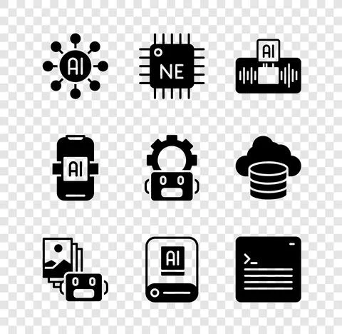 Set Neural network, Processor CPU, Artificial intelligence AI, robot, Web 스톡 일러스트