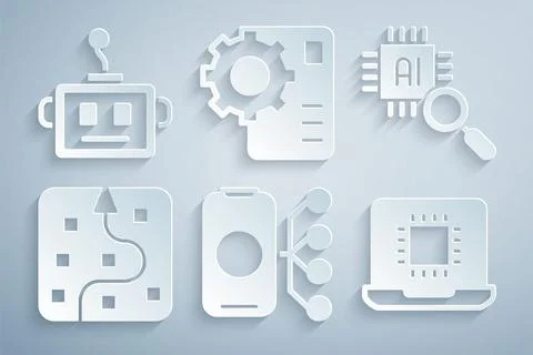 Set Neural network, Processor CPU, and Artificial intelligence robot icon イラスト素材
