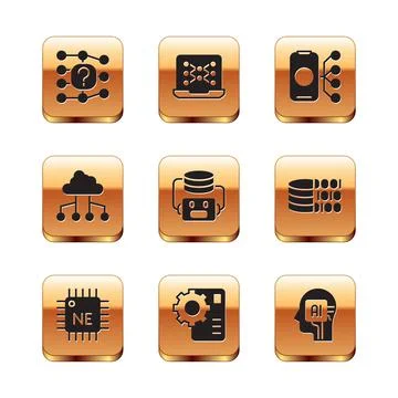 Set Neural network, Processor CPU, Artificial intelligence robot, Network cloud Illustrazione stock
