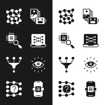 Set Neural network, Processor CPU, Artificial intelligence robot, Funnel filter Stockillustratie