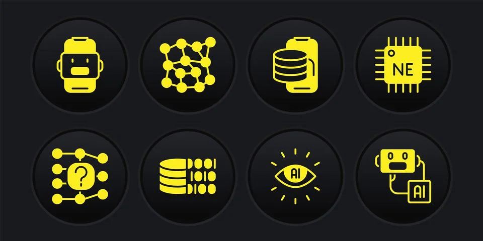 Set Neural network, Processor CPU, Binary code, Artificial intelligence AI Stock Illustration