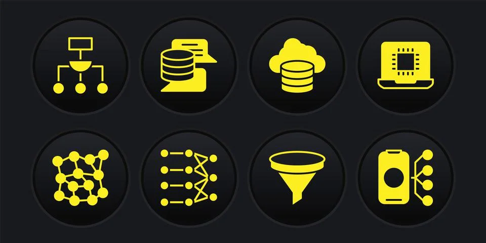 Set Neural network, Processor CPU, Funnel filter, Cloud database, Server, Dat Stock Illustration