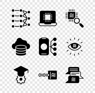Set Neural network, Processor CPU, Graduation cap, Binary code, Chat bot, C.. Stock Illustration