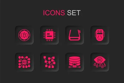 Set Neural network, Processor CPU, Cryptocurrency coin Bitcoin, Cloud datab.. Stock Illustration