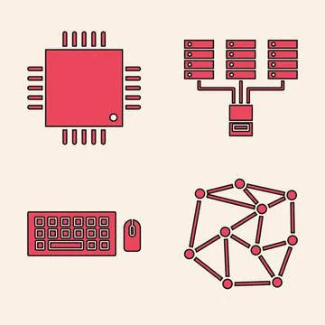 Set Neural network, Processor with microcircuits CPU, Server, Data, Web Hosting Stock Illustration