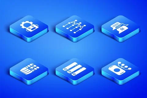 Set Neural network, Robot setting, Server, Data, Binary code, and Chat icon Stock Illustration