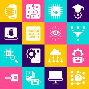 Set Neural network, Robot setting, Funnel filter, Processor CPU, Binary cod.. Stock Illustration