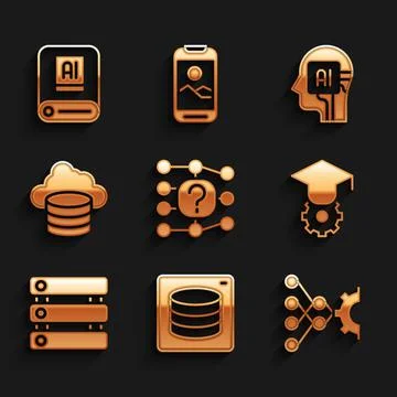 Set Neural network, Server, Data, Graduation cap, Cloud database, Humanoid robot Stock Illustration