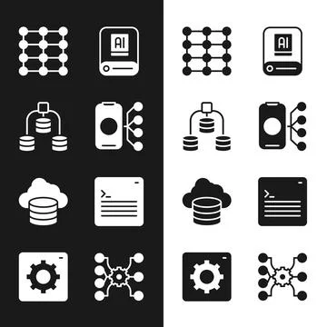 Set Neural network, Server, Data, Artificial intelligence AI, Cloud database Stockillustratie