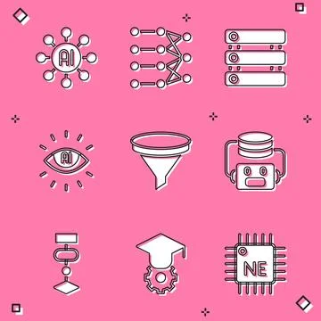 Set Neural network, Server, Data, Artificial intelligence AI, Funnel filter.. Stock Illustration