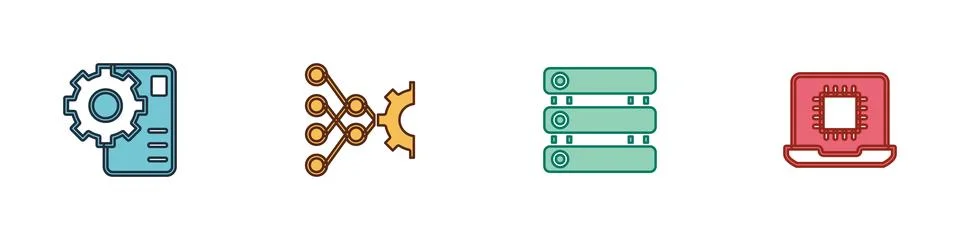 Set Neural network, Server, Data and Processor CPU icon. Vector Stock Illustration