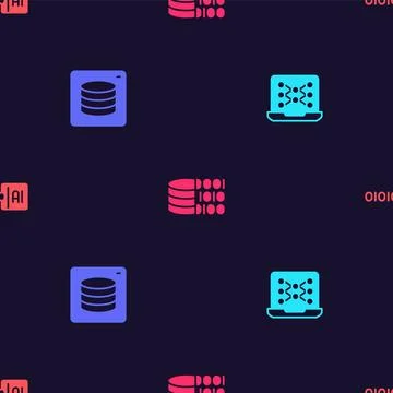 Set Neural network, Server, Data, Binary code and  on seamless pattern. Vecto Stock Illustration