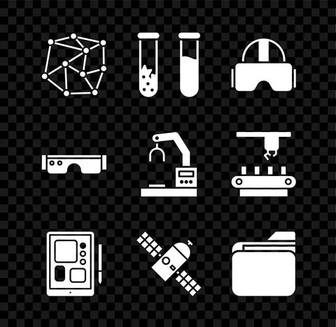 Set Neural network, Test tube and flask, Virtual reality glasses, Graphic tablet Illustrazione stock