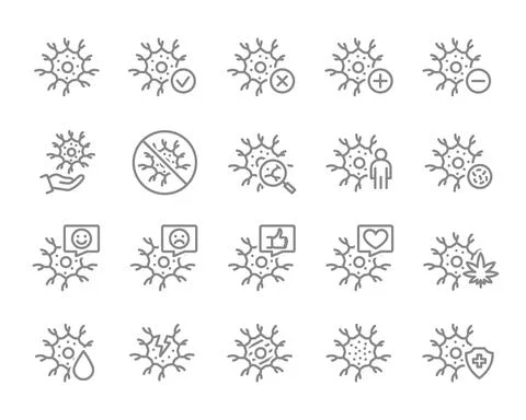 Set of neuron line icon. Healthy nerve cell, neural tissue illness, diagnosis Stock Illustration