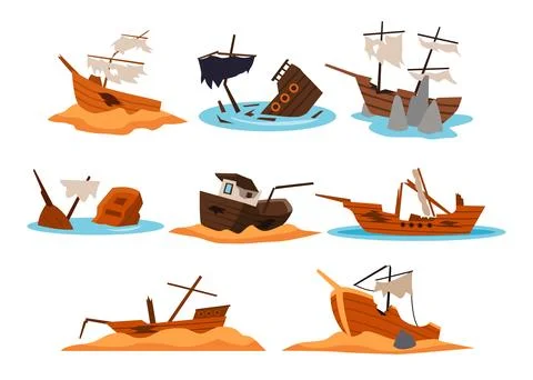 Set of New and damaged sailing ships set collection, broken ship or shipwreck, Stock Illustration