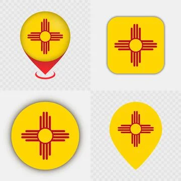Set of New Mexico State Flag Icons and Map Pins. Stock Illustration