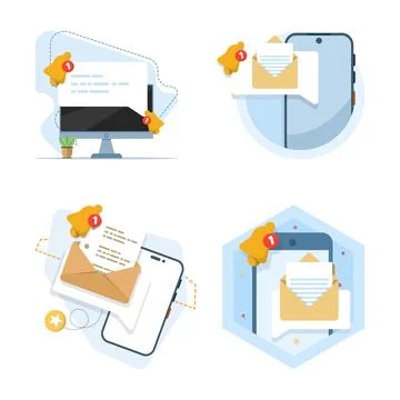 Set of new notification concepts displayed on device screen. Stock Illustration