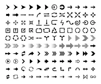 Set of new style black vector arrows isolated on white. Stock Illustration