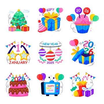 Set of New Year Celebration Flat Illustrations Stock Illustration